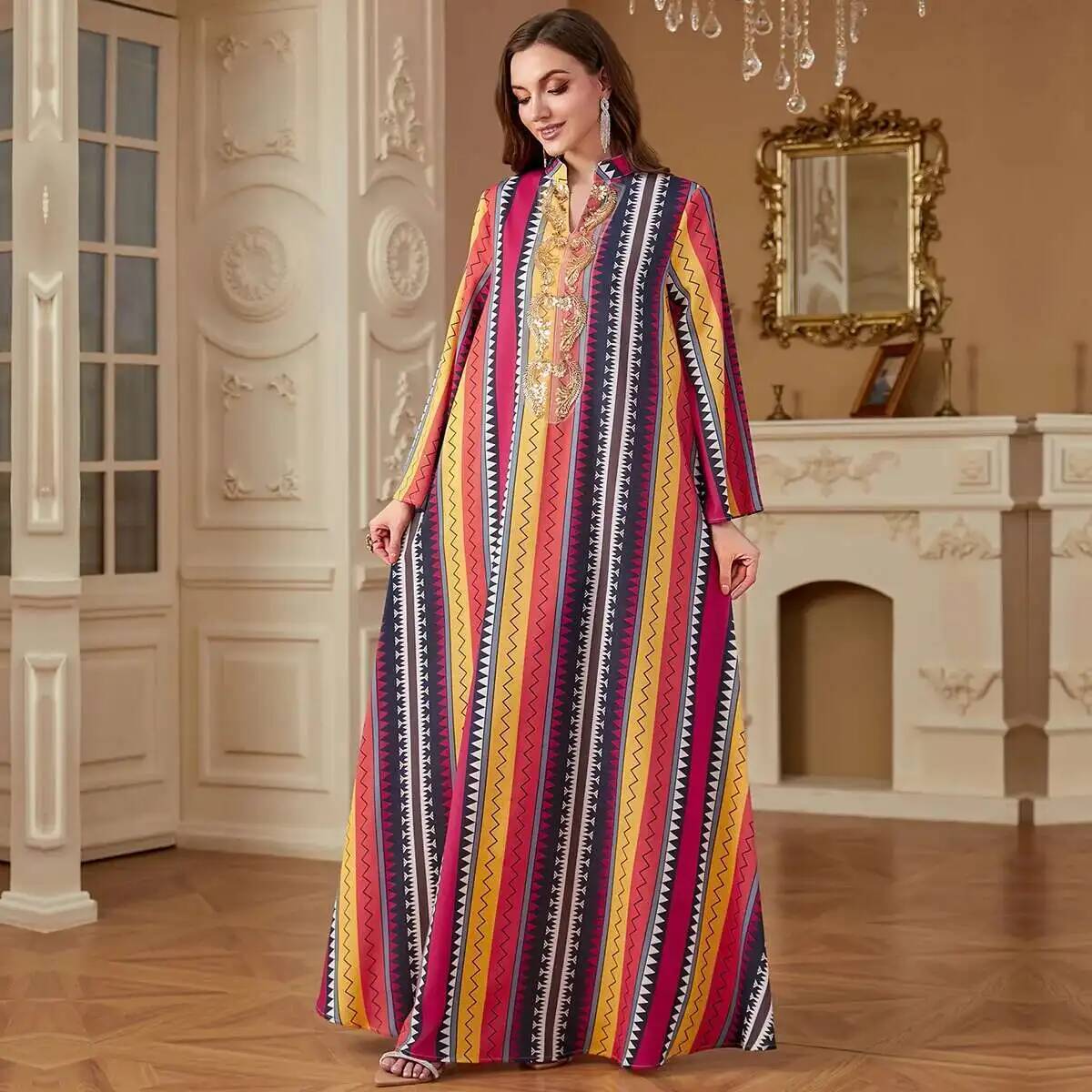Embroidery Yellow Dress - 4264 Dubai Muslim Abaya New Fashion