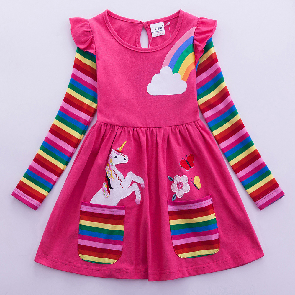 Embroidery Unicorn - Girls' Long Sleeve Unicorn Dress Autumn