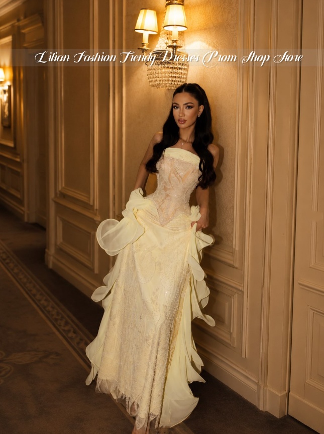 Embroidery Yellow Dress - Pale Yellow Strapless Middle Eastern Ball