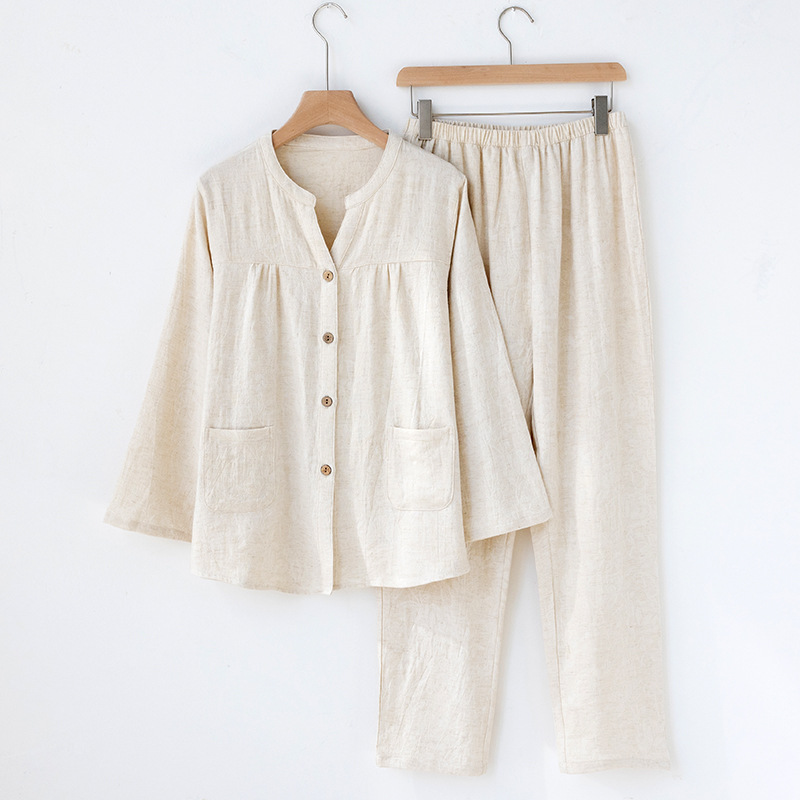 Linen Fabric Natural - Japanese Style Women's V Neck Pajamas