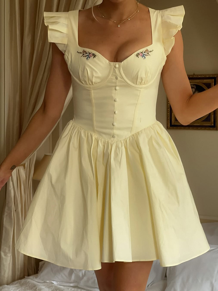 Floral Embroidery Cotton Summe - Embroidery Yellow Dress recension och pris