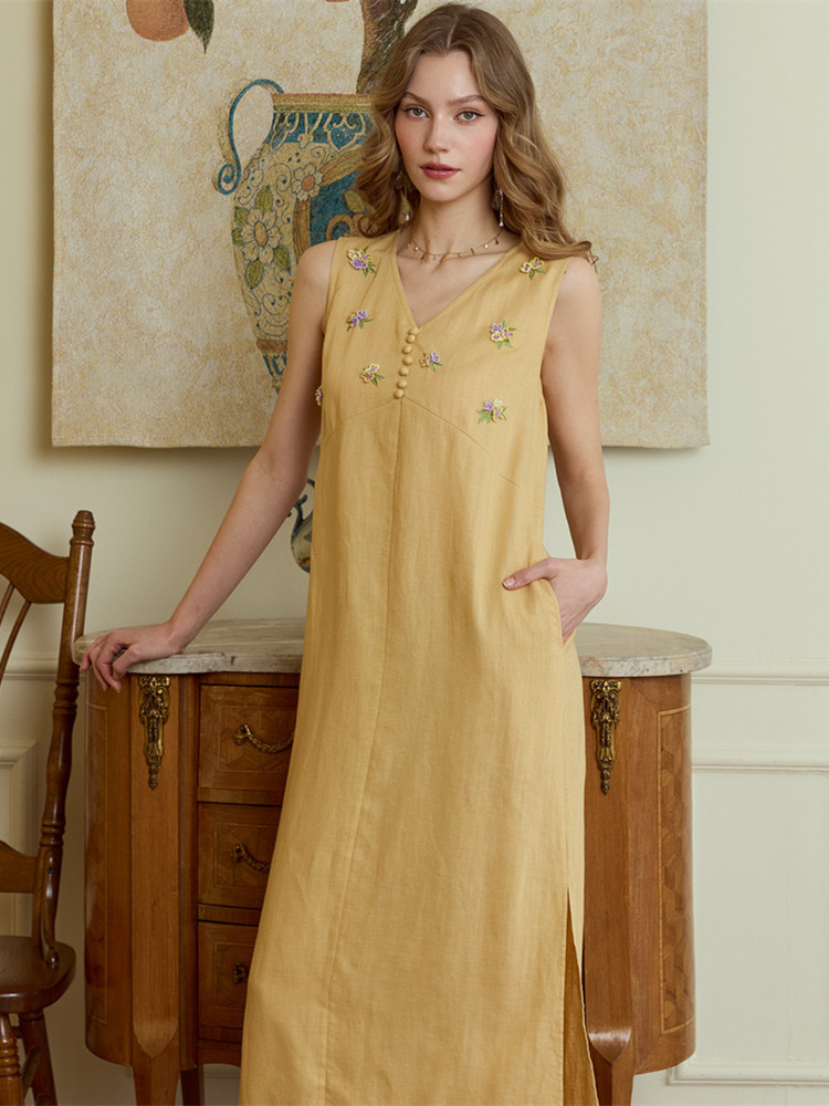 86-98cm Bust Summer Long Dress - Embroidery Yellow Dress recension och pris